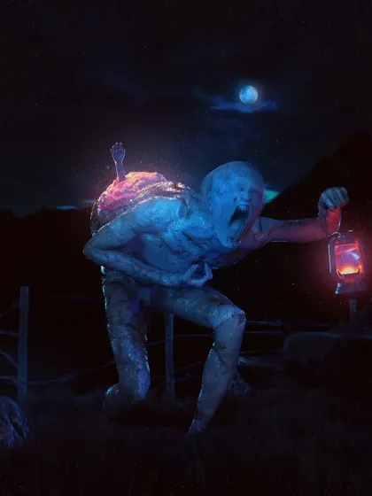 A full-body shot of the creature from the "SLEEP?" music collaboration. This view shows the character in motion, carrying a lantern and a glowing tumor on its back, creating a narrative of a cursed journey.
