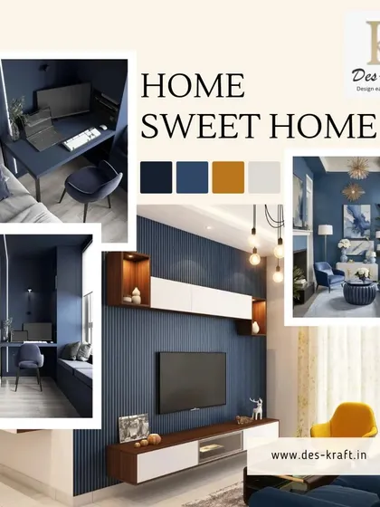 A mood board collage showcasing our expertise in creating "Home Sweet Home" with modern designs, focusing on a sophisticated blue and yellow color palette.