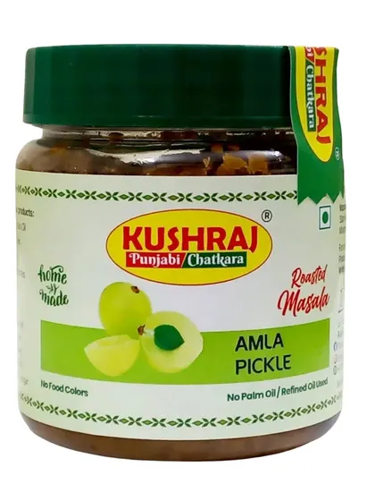 A jar of my Amla Pickle, made with Indian gooseberries and roasted spices. It's a healthy and delicious addition to any meal, and like all my pickles, it's FSSAI certified.