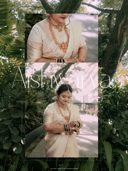 An artistic collage dedicated to the bride, Aishwarya. It combines close-up and full-length shots to create a modern and stylish tribute.