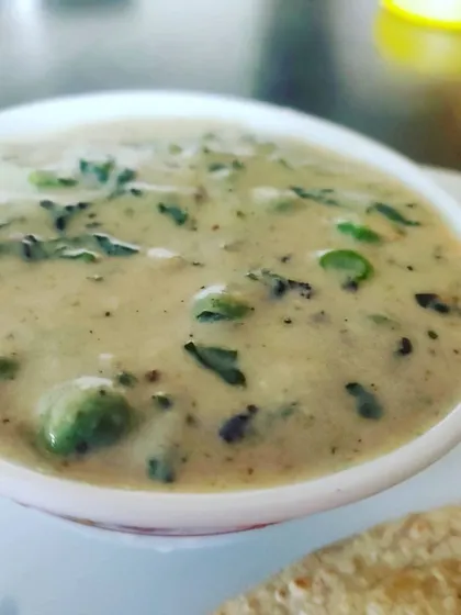 A close-up of the rich and creamy texture of my Methi Mutter Malai, a popular North Indian curry.