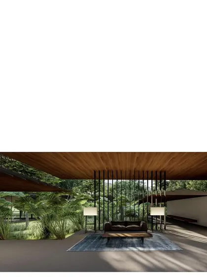 A render of a verandah space in a new family retreat. The design uses natural materials and frames views of the lush landscape, creating a peaceful space for relaxation and connection.