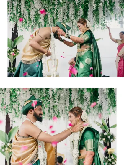 The garland exchange during a South Indian wedding, a moment filled with smiles and blessings.