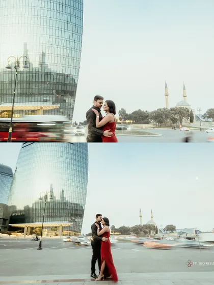 A creative long-exposure shot in Baku, capturing the stillness of the couple amidst the blur of city traffic. This technique adds a dynamic, urban energy to the romantic portrait.