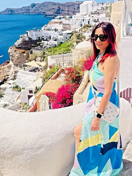 My fits are traveling the world! Here's a custom dress I designed for my client's lovely Greek vacation, featuring a vibrant, abstract print and a comfortable, flowing silhouette.