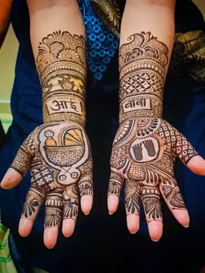 A sweet and traditional baby shower mehandi. This design includes a baby in a bassinet, tiny footprints, and the words "Aai" (Mother) and "Baba" (Father) in Hindi.