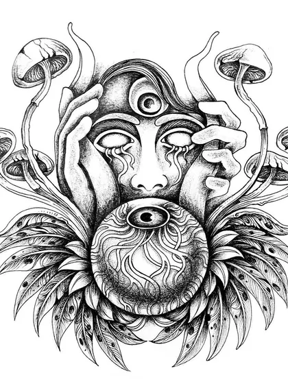 This ink drawing was created for a sticker design. It portrays a figure in a state of sensory overload, with multiple eyes, mushrooms, and hands covering the face, symbolizing an intense internal experience.