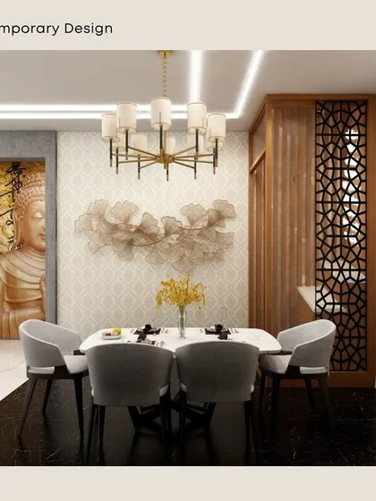 A 3D render of a contemporary dining room with a large Buddha artwork creating a serene focal point. The design includes a modern chandelier and a wooden jali partition.