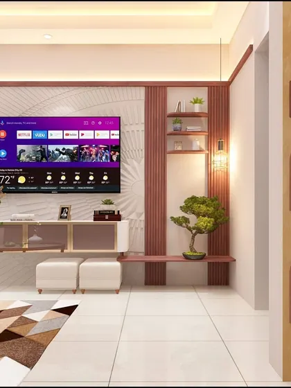 A floating TV unit with an extended bench and decorative niches creates a functional and artistic focal point in this living room.