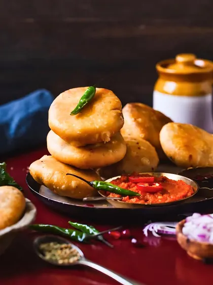My crispy, flaky kachoris are a must have for any celebration. Stuffed with a spicy lentil filling, they are served hot with a tangy red chutney and green chillies.