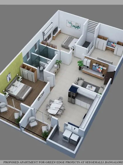 Here is a 3D layout for a 2BHK luxury flat. The design is compact yet efficient, featuring an L-shaped kitchen, a combined living and dining area, and two bedrooms with their own private balconies.