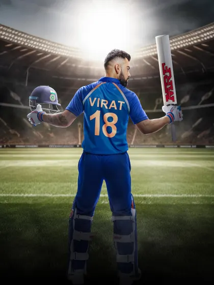 A powerful rear-profile shot of Virat Kohli for MRF, highlighting the name and number that are iconic in the world of cricket.