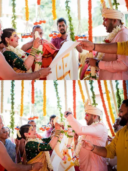 The 'antarpata' ritual, capturing the couple's expressions of excitement and anticipation just before they see each other at the mandap.