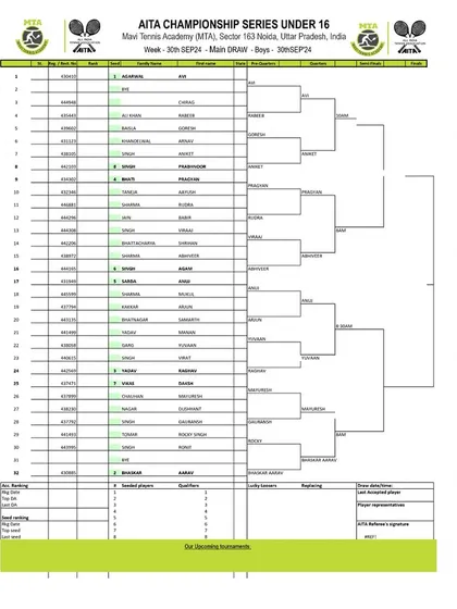 Order of Play for Day 3 of the AITA CS7 U-14 & U-16 tournament in September 2024, showing the Boys' U-16 Main Draw.