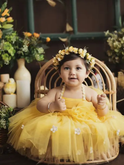 A sweet portrait of a baby in a yellow tulle dress, sitting in a wicker chair. The combination of textures and the cheerful color palette makes this shot stand out.
