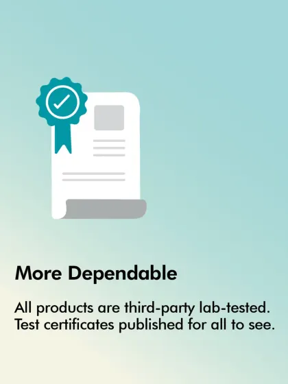 More dependable means more transparency. All products are third-party lab-tested, and we publish the test certificates for everyone to see.