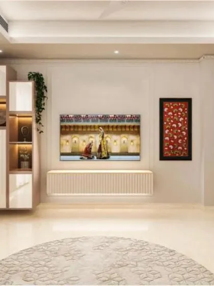 A minimalist media wall with a floating console and vertical shelving, perfect for a family lounge or den.