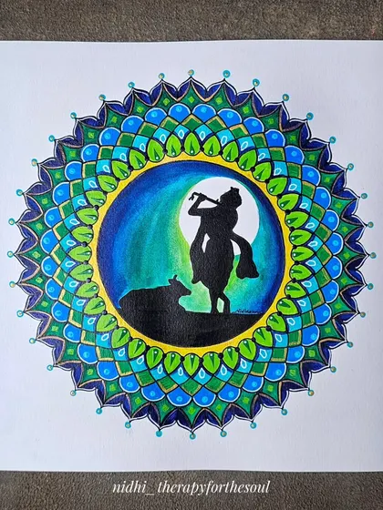 The Krishna and calf mandala before framing. This view allows you to see the blended colors of the background and the crisp silhouette work.