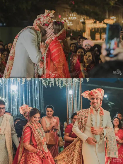 A collage showing the grand entrance and a sweet kiss during the varmala ceremony, capturing the excitement of the moment.