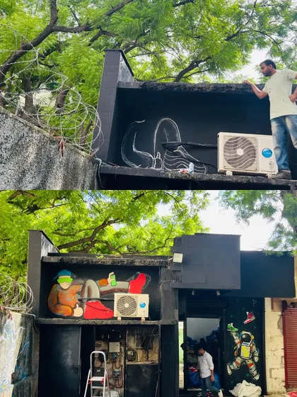 This collage shows the challenging process of painting a sneaker-themed mural for a friend's garment shop. It involved climbing onto a terrace and working around obstacles to bring the street style vision to life.