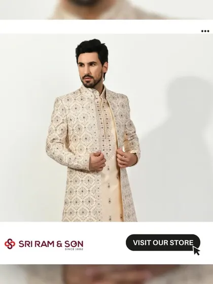 Ready to stand out on your special day? Our stunningly crafted sherwanis, like this embroidered ivory piece, blend tradition and style for an unforgettable look.