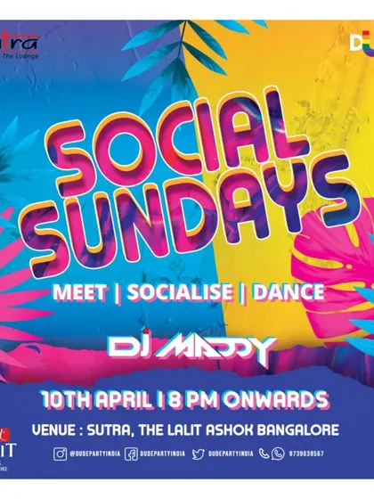 This vibrant poster for 'Social Sundays' reflects the colorful and energetic music I play to get the weekend crowd going.