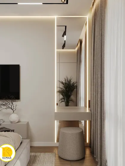 A close-up of the built-in dressing table, which is cleverly placed to not obstruct the flow of the room.