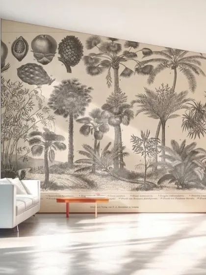 A vintage botanical chart wallpaper featuring detailed illustrations of various trees and fruits. This classic, educational design is perfect for creating a sophisticated and timeless look in a study or office.
