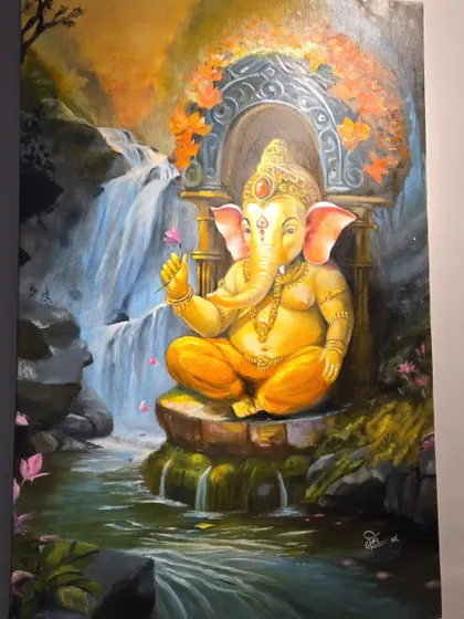 This beautiful oil painting shows Lord Ganesha seated by a waterfall. The serene natural setting and the deity's calm posture create a peaceful and auspicious artwork, perfect for any home.