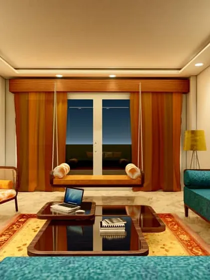 This render showcases a formal drawing room concept where handcrafted, bespoke furniture creates a flawless and sophisticated scheme. The vibrant turquoise sofas are juxtaposed with traditional cane armchairs and a hanging swing, creating a unique blend of modern color and classic form.