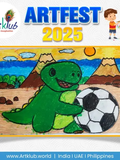 A smiling dinosaur holding a soccer ball, a bright and cheerful drawing by a junior artist.
