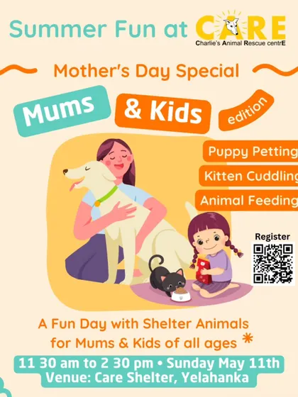 Our poster inviting moms and kids of all ages for a fun day with our shelter animals. All funds raised from these events go directly towards the care of our residents.