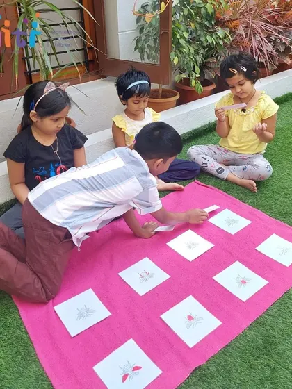 Children play a matching game with cards depicting different types of insects. This outdoor activity makes learning about zoology fun and active.