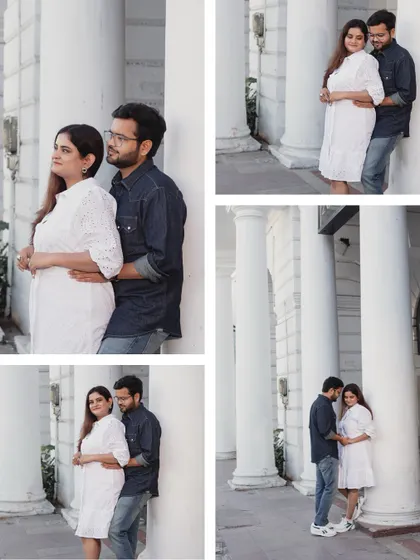 A series of intimate and candid portraits against the classic white pillars of Connaught Place, showcasing the couple's natural chemistry.