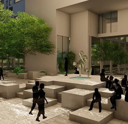 Another view of our MSSU proposal, illustrating how workshop spaces on the lower floors connect directly with the outdoors. This inside-out connection encourages hands-on learning and allows activities to spill into the landscaped areas.