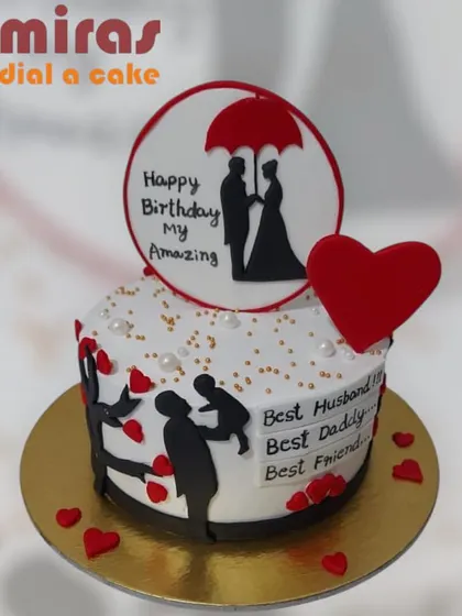 A cake that celebrates a man who is the best husband, daddy, and friend. The design uses silhouettes to tell a story of family and love, making it a deeply personal gift.