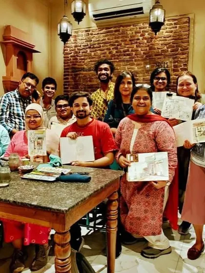 The Urban Sketchers Delhi group after our session at Chandni Chowk, sharing our work over some food. The community aspect is what I love most.