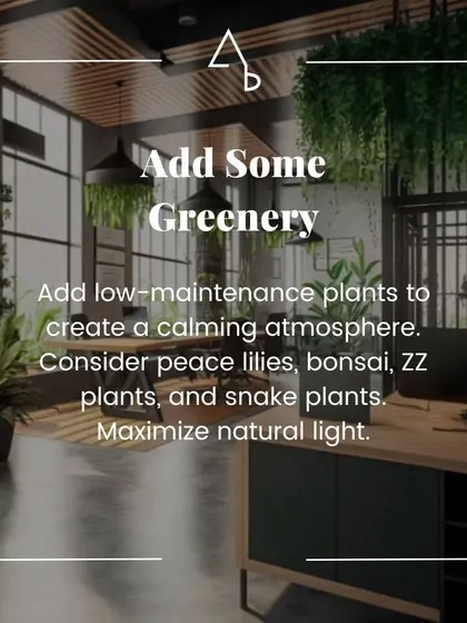Adding greenery is a simple yet effective way to create a calming atmosphere in an office. We suggest low-maintenance plants like peace lilies and snake plants, combined with ample natural light, to improve well-being.