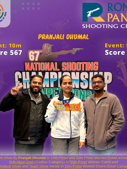 An incredible multi-medal performance by Pranjali Dhumal at the 67th National Shooting Championship, winning Gold in 50m Pistol and two Silvers in 10m Pistol. Her versatility and excellence are truly inspiring.