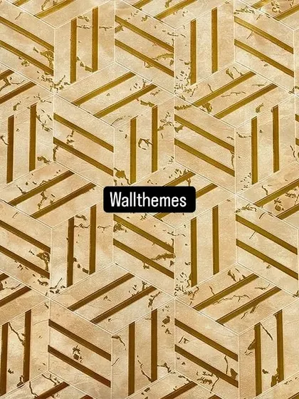 A full view of a geometric wallpaper pattern with a 3D cube effect in beige and gold.