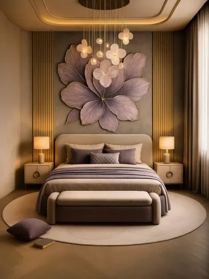 We created a unique focal point in this bedroom with a large, three-dimensional floral art piece above the bed. The soft lavender tones and cascading pendant lights combine to form a serene and artistically inspired retreat.
