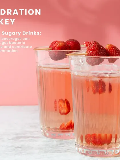Hydration is key for gut health, but be mindful of what you drink. Limiting sugary beverages is important as they can disrupt gut bacteria balance and contribute to inflammation.