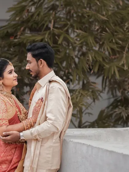 A classic couple portrait from a Tirupur wedding, capturing a quiet moment of connection.