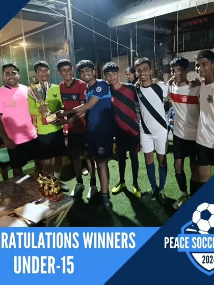 **Peace Soccer Cup II (Under 15):** Our Under-15 team celebrating their championship win at the Peace Soccer Cup II in Lonavala.