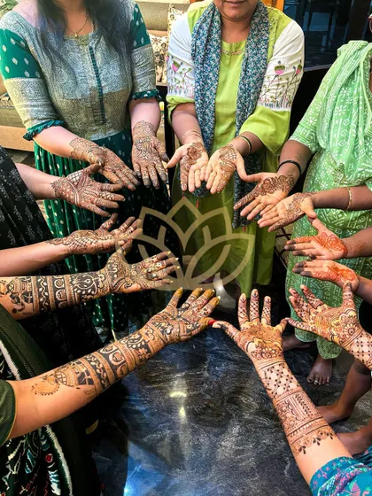 A group shot of all the beautiful mehendi designs from a single event, showing the collective effort of our talented team.