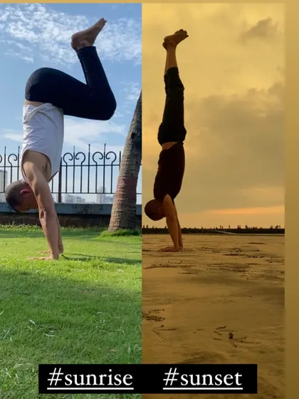 The day is framed by two magical moments: sunrise and sunset. This is a visual reminder of our daily practice, showing handstands that greet the morning light and bid farewell to the day.