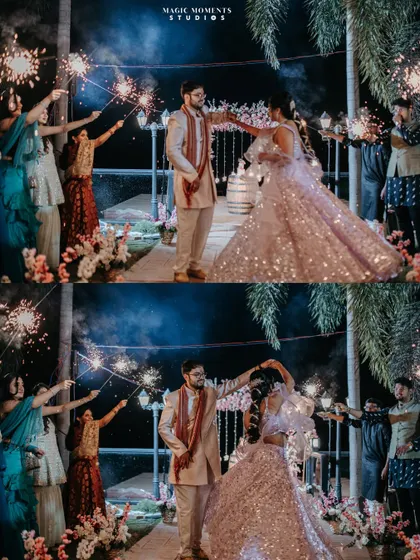 A magical entrance for Namratha and Gautham's engagement, with friends and family holding sparklers to light up their path.