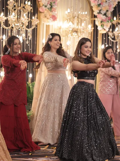 A synchronized moment from a bridesmaids' performance. Our choreography focuses on clean lines and sharp, coordinated moves.