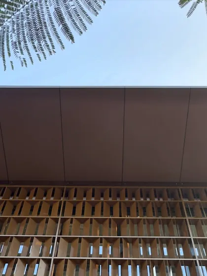 A detail of the finished parametric facade, showing the rhythmic pattern and the clean lines of the roof soffit.