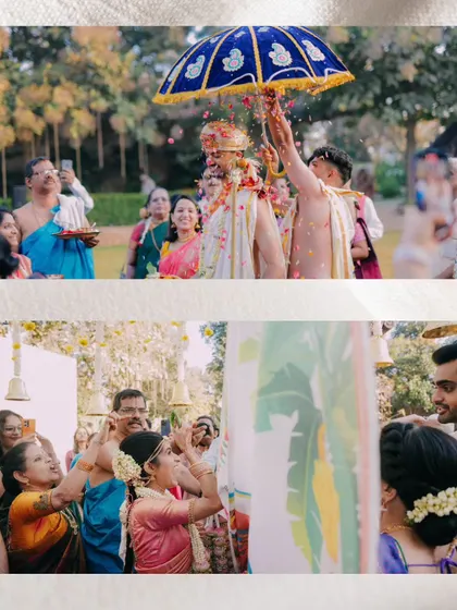 The fun-filled Kashi Yatra and the bride's playful welcome, showcasing the joyful traditions of a South Indian wedding.